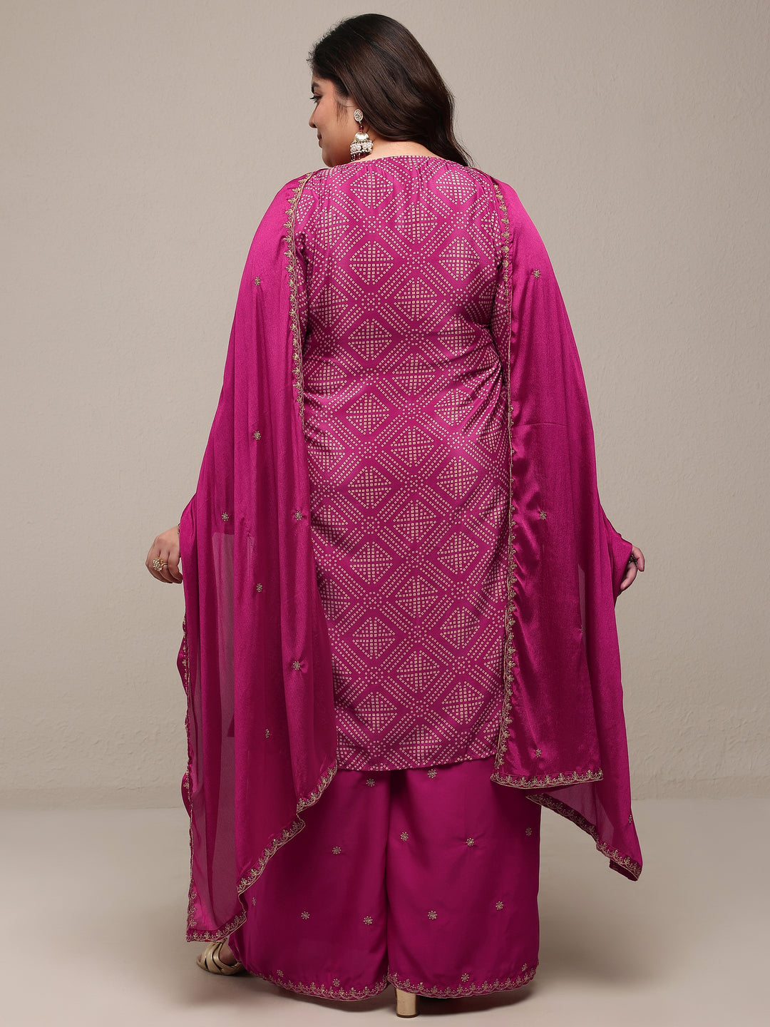  Plus Size Pink Bandhani Printed Chinon Straight Suit Set With Dupatta 