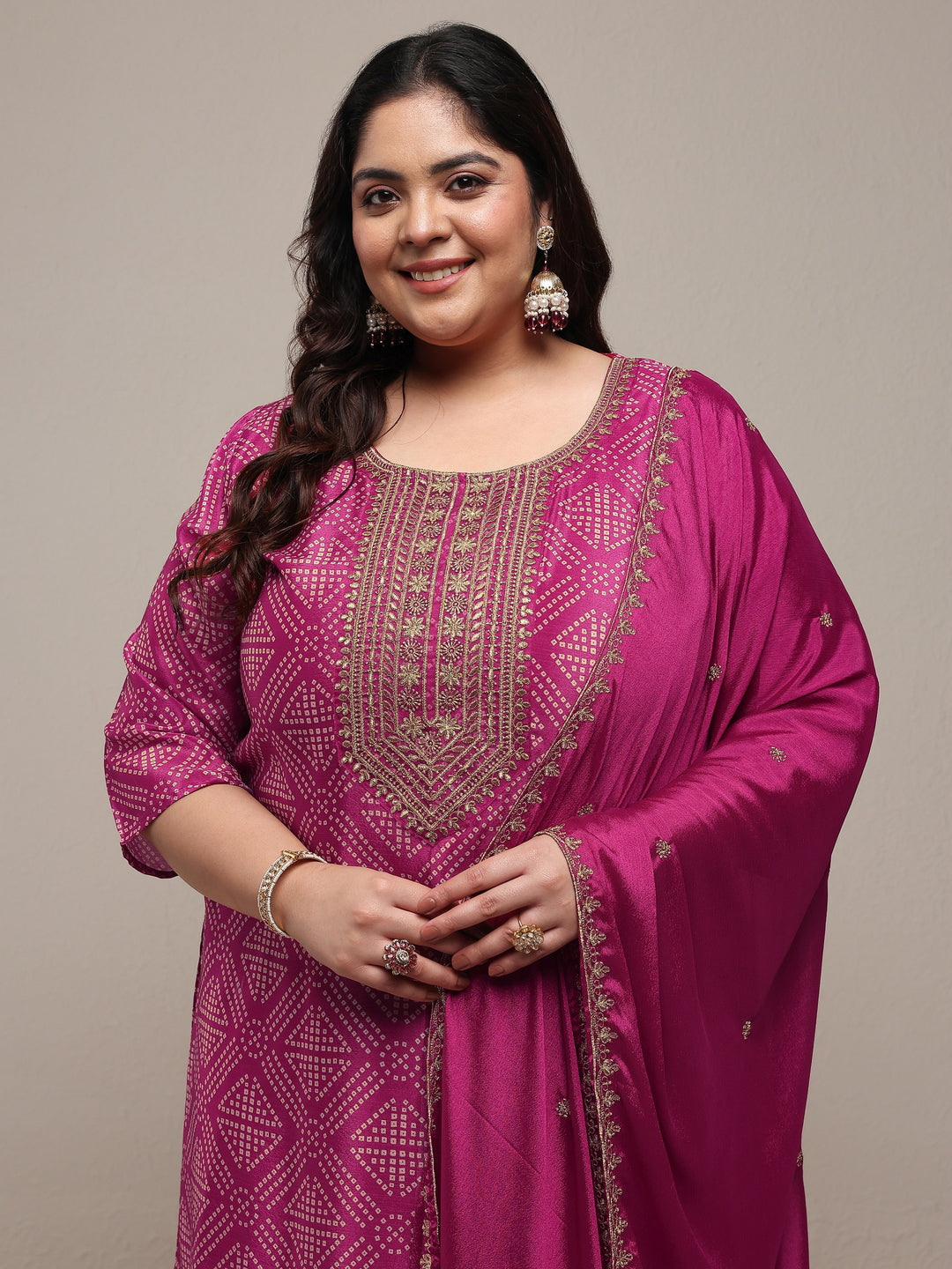 Plus Size Pink Bandhani Printed Chinon Straight Suit Set With Dupatta 