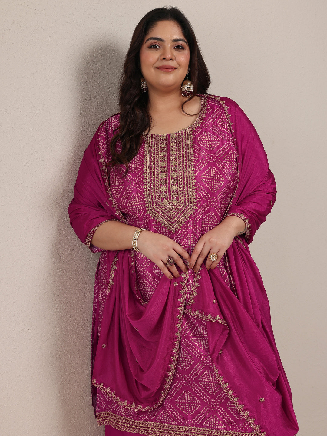 Plus Size Pink Bandhani Printed Chinon Straight Suit Set With Dupatta 