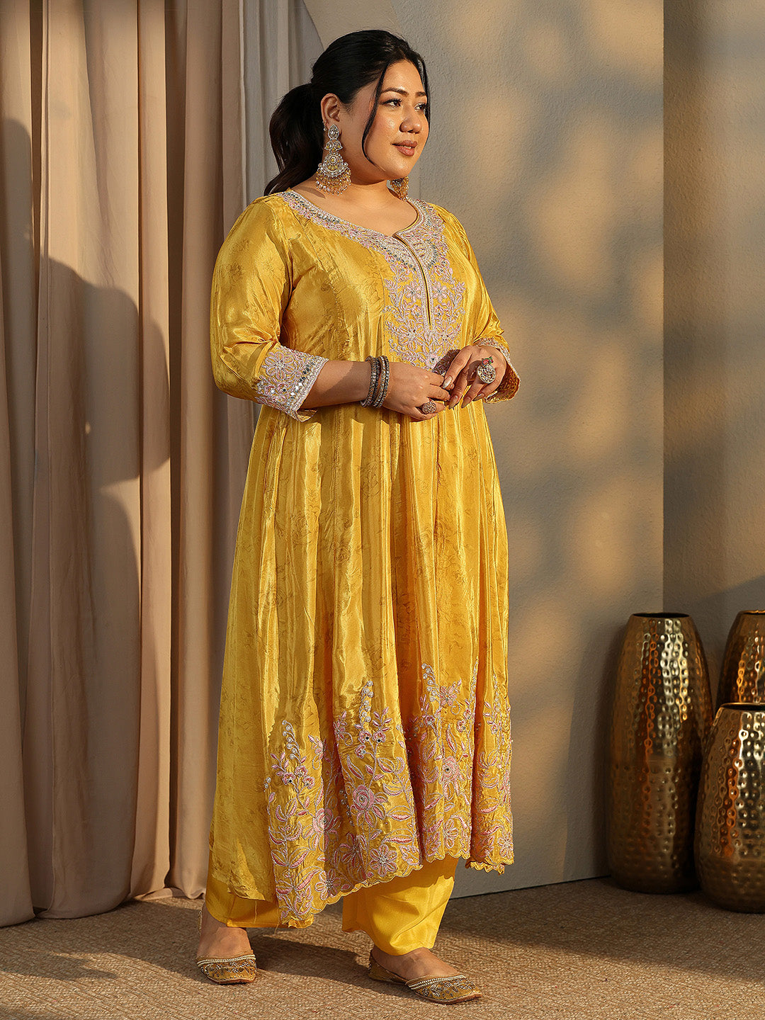  Plus Size Mustard Embroidered Crepe Anarkali Suit Set With Dupatta 