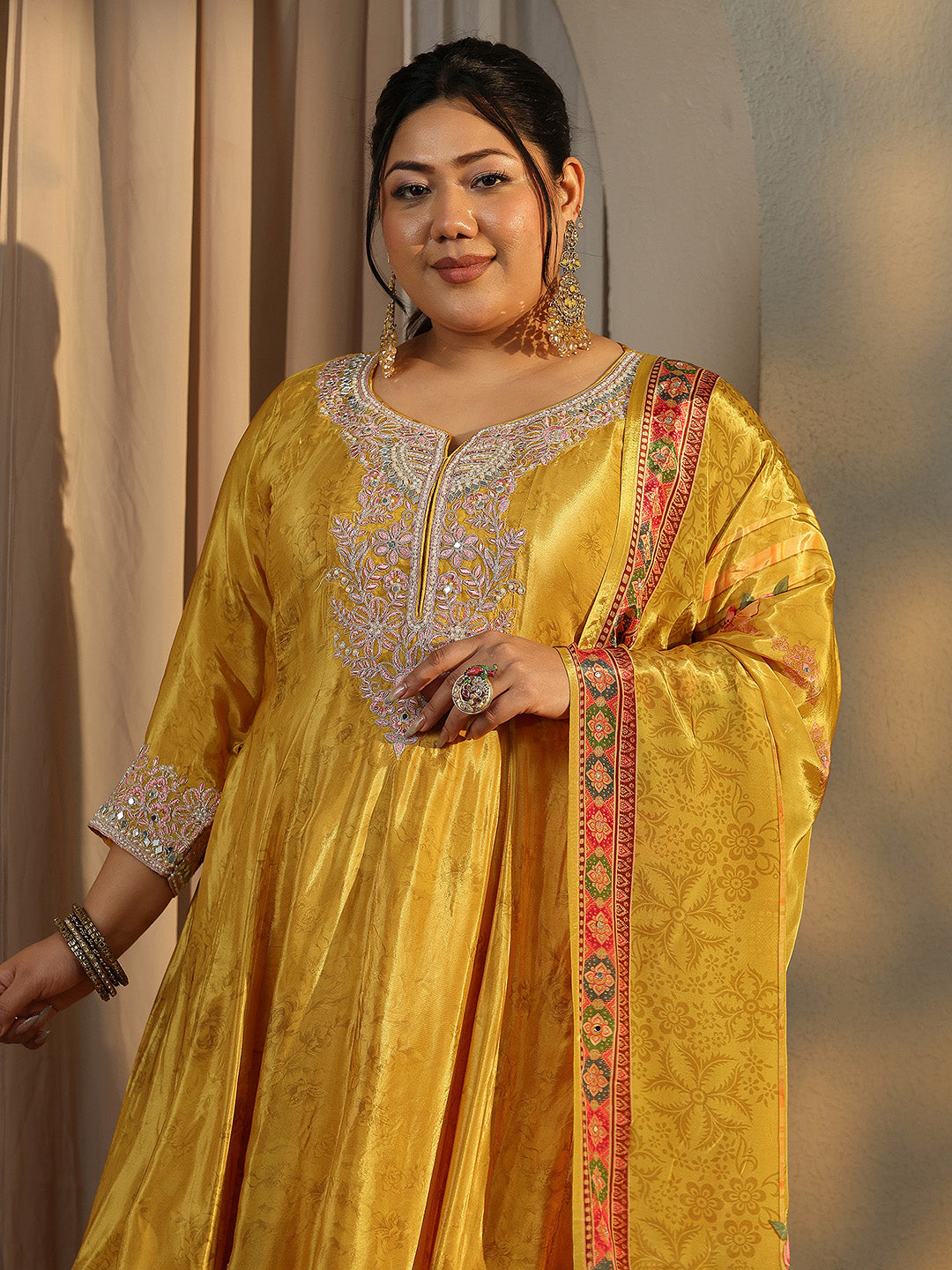  Plus Size Mustard Embroidered Crepe Anarkali Suit Set With Dupatta 