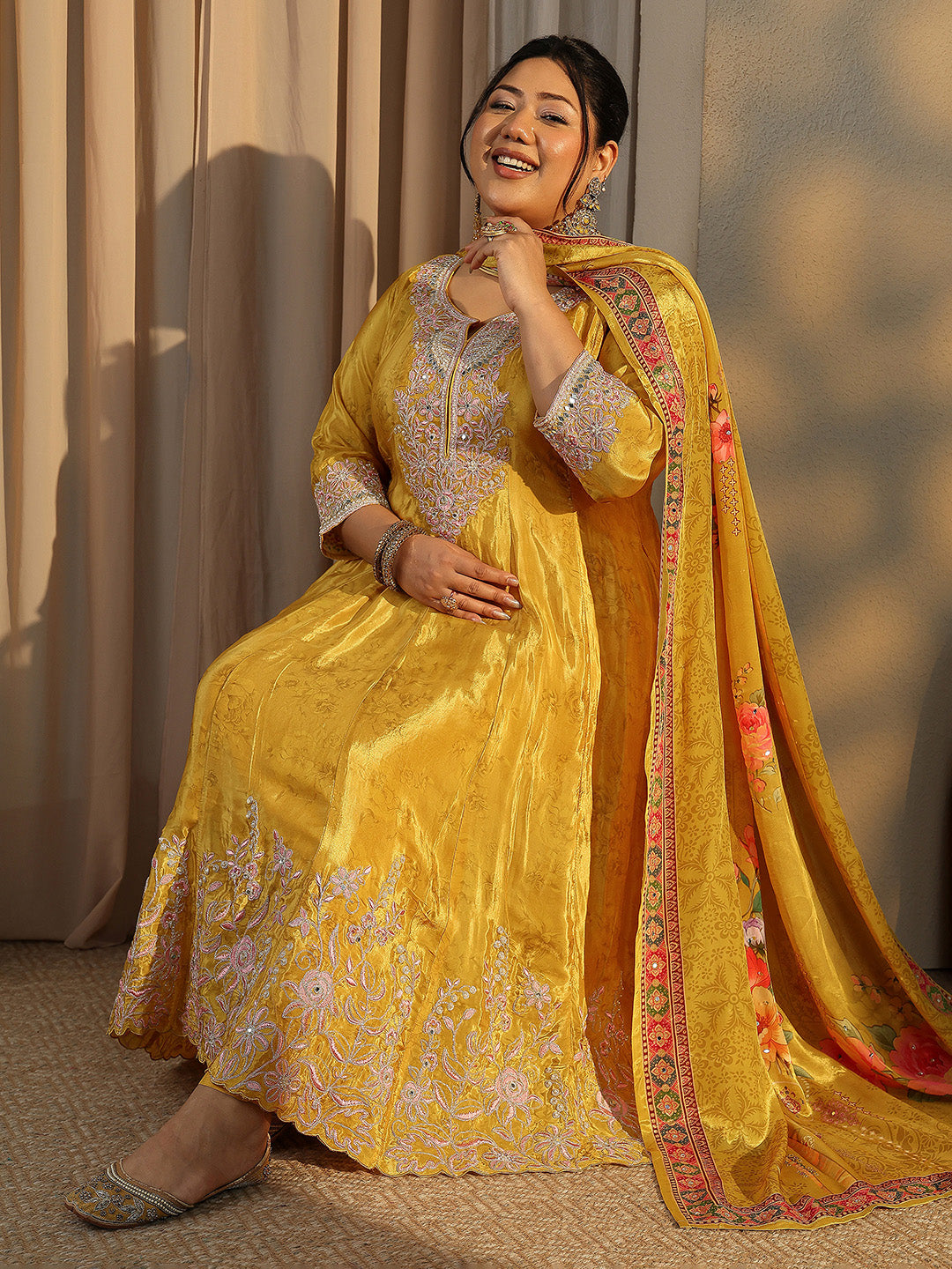  Plus Size Mustard Embroidered Crepe Anarkali Suit Set With Dupatta 