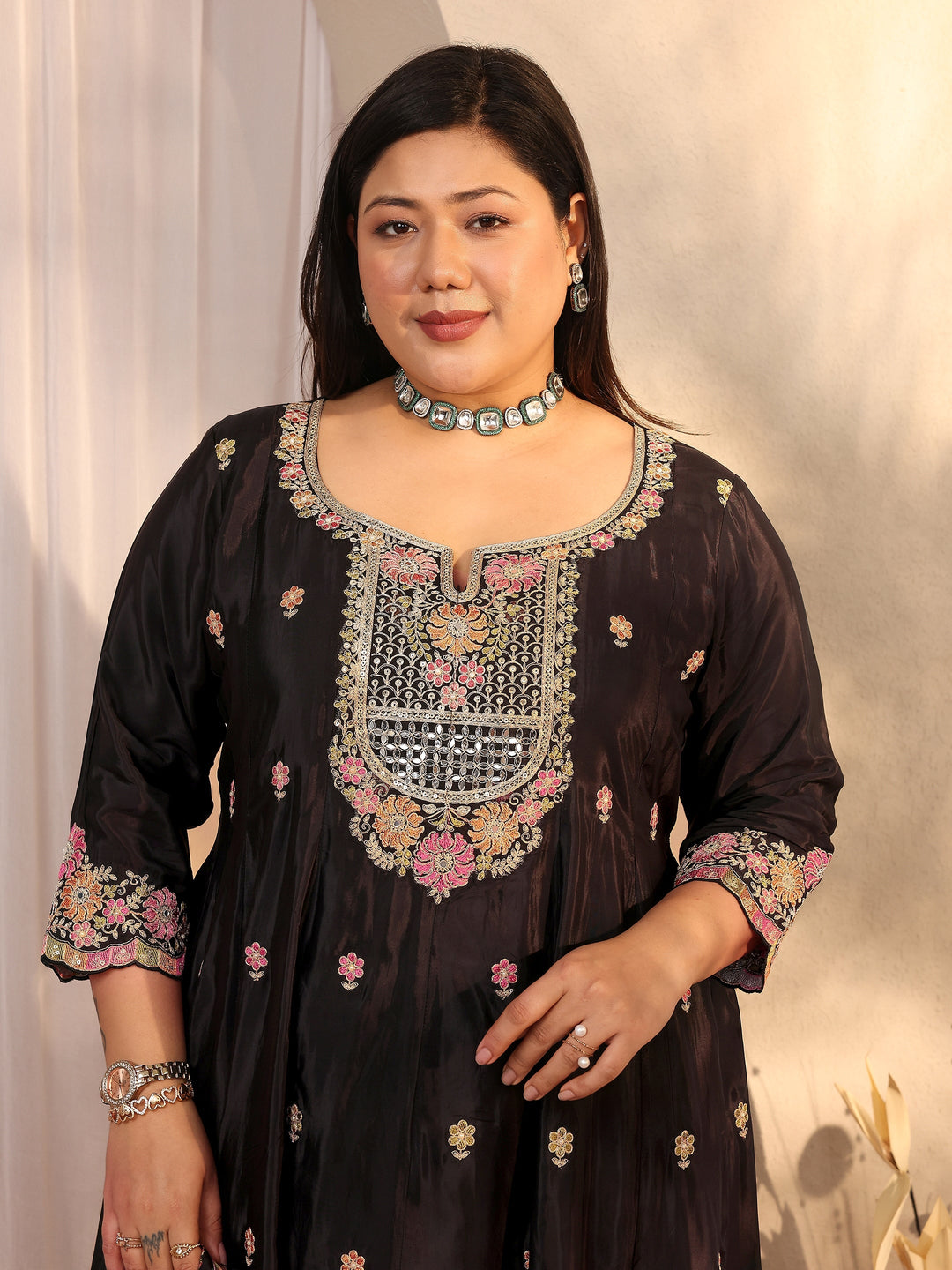  Plus Size Black Embroidered Crepe Anarkali Suit Set With Dupatta 