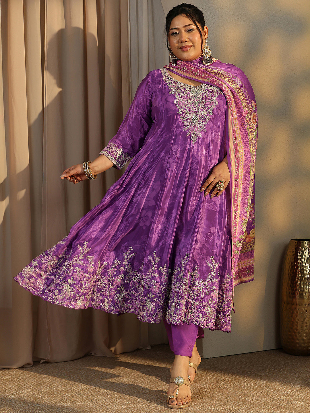  Plus Size Purple Embroidered Crepe Anarkali Suit Set With Dupatta 