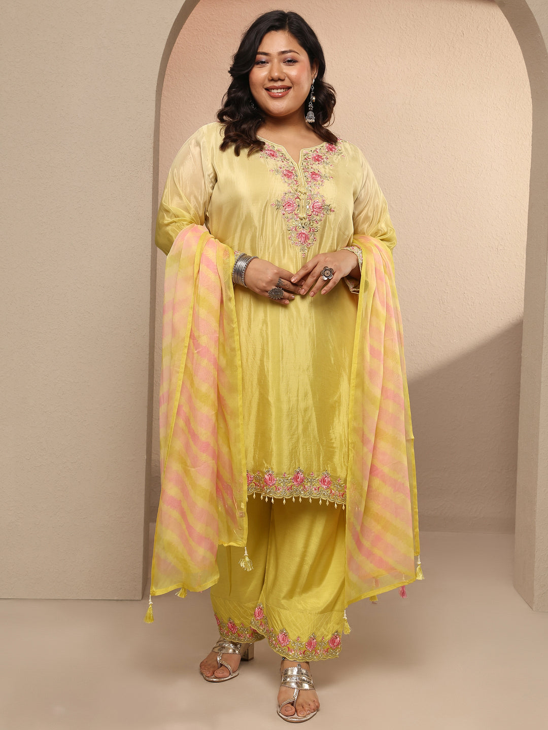  Plus Size Yellow Embroidered Crepe Suit Set With Dupatta 