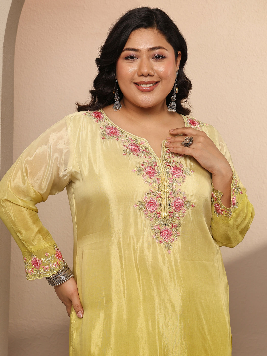  Plus Size Yellow Embroidered Crepe Suit Set With Dupatta 