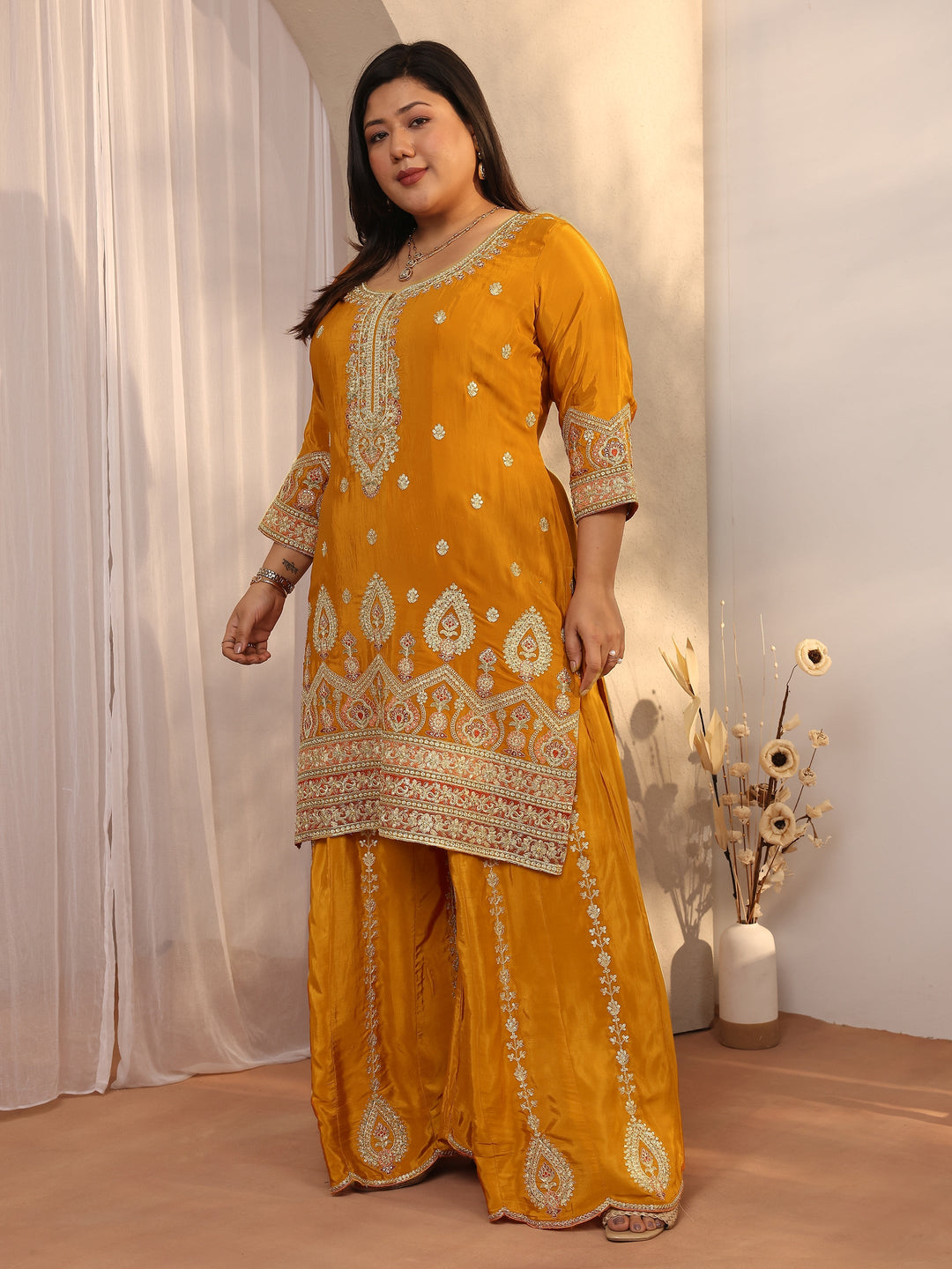  Plus Size Orange Embroidered Crepe Straight Suit Set With Dupatta 