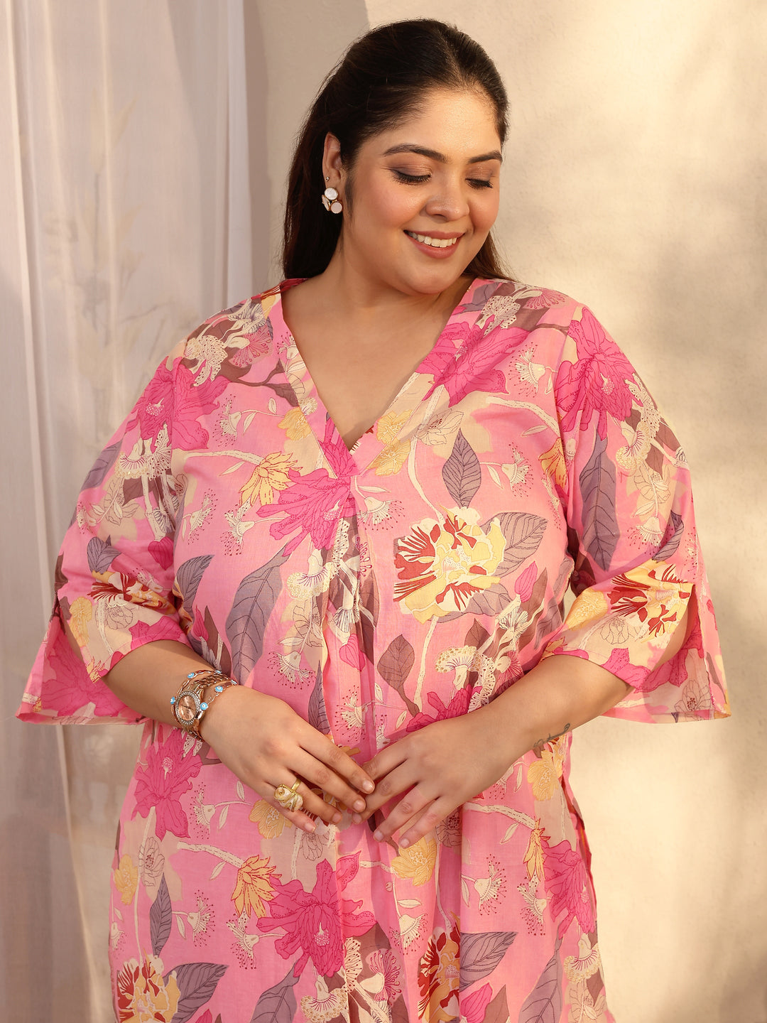  Plus Size Pink Printed Cotton Co-Ord Sets 