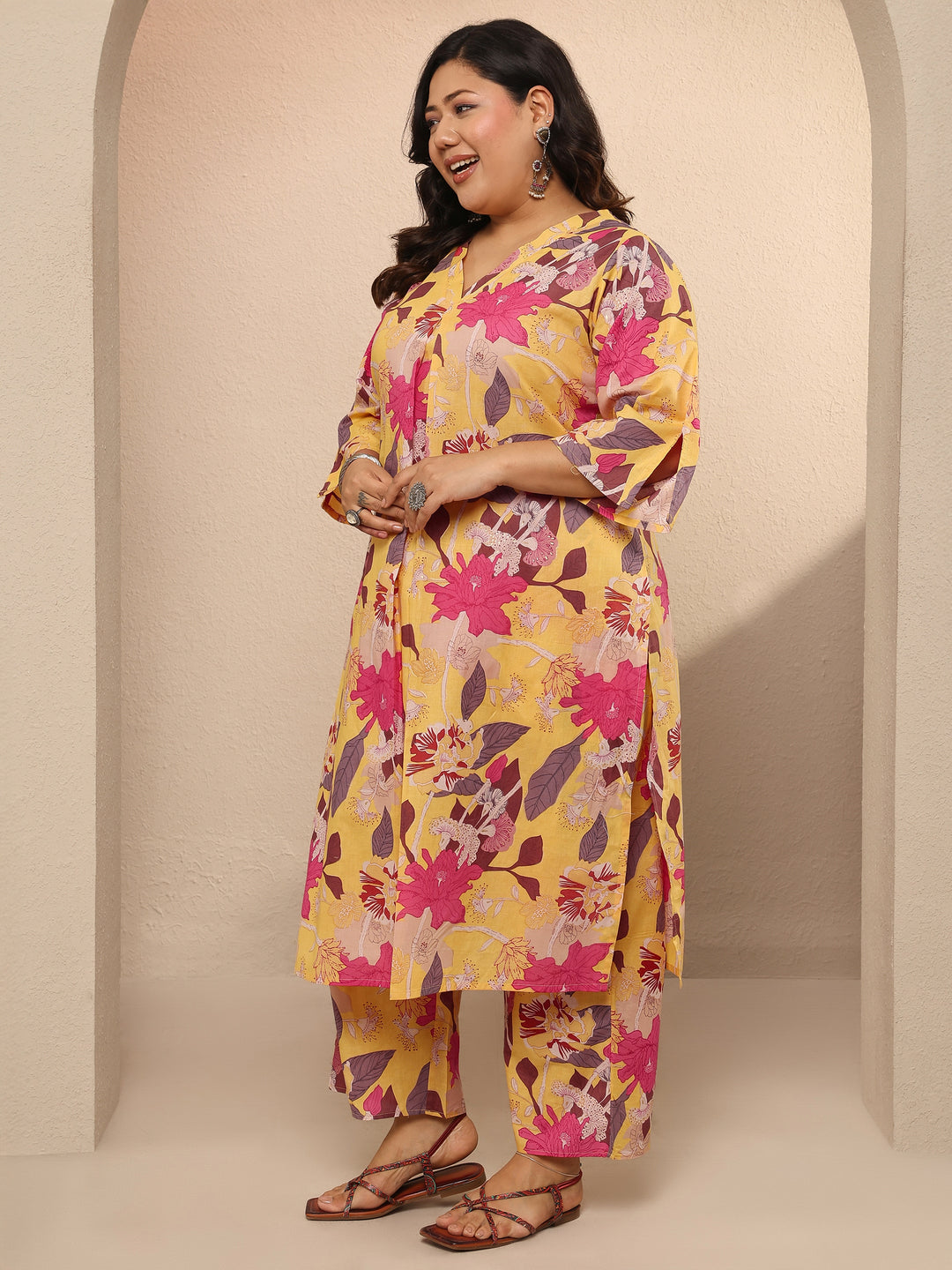  Plus Size Yellow Printed Cotton Co-Ord Set 