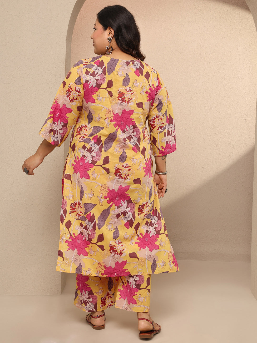  Plus Size Yellow Printed Cotton Co-Ord Set 