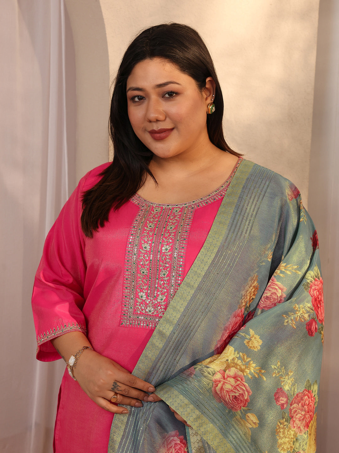 Plus Size Pink Embroidered Silk blend Straight Suit Set With Dupatta 