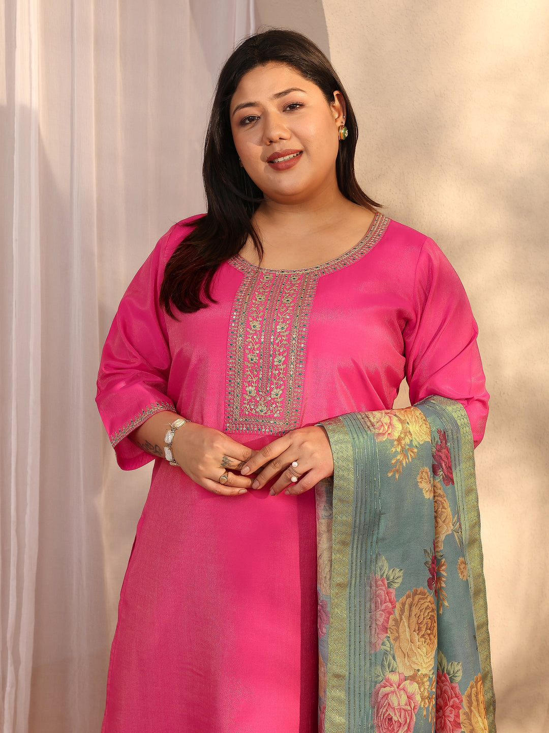  Plus Size Pink Embroidered Silk blend Straight Suit Set With Dupatta 