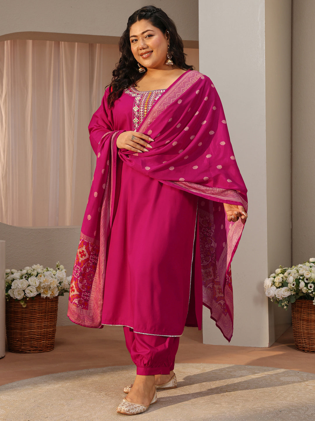  Plus Size Pink Yoke Embroidered Silk Blend Straight Suit Set 