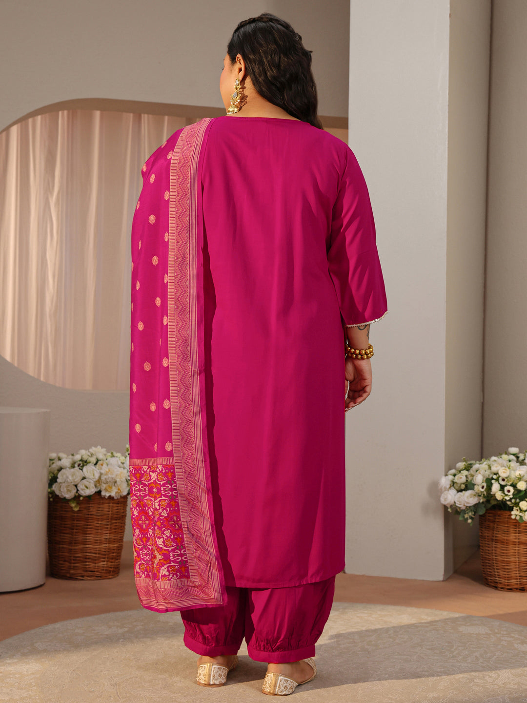  Plus Size Pink Yoke Embroidered Silk Blend Straight Suit Set 