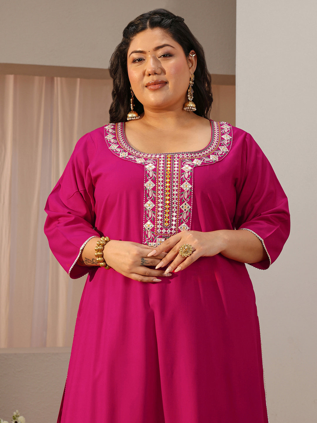  Plus Size Pink Yoke Embroidered Silk Blend Straight Suit Set 