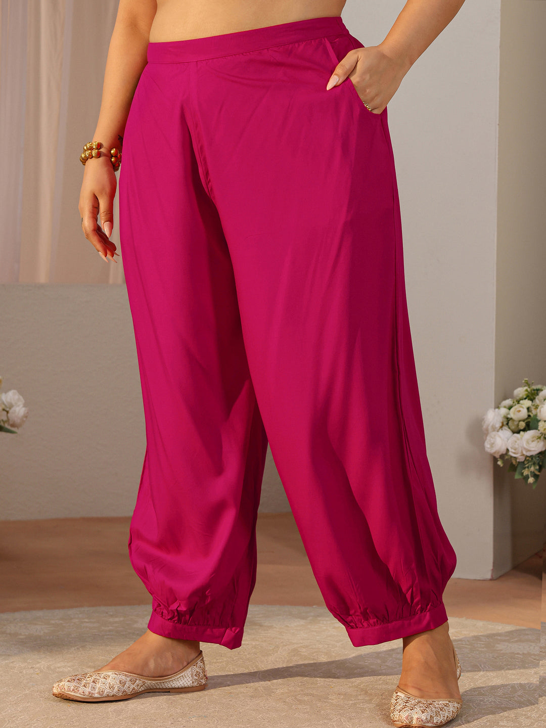  Plus Size Pink Yoke Embroidered Silk Blend Straight Suit Set 