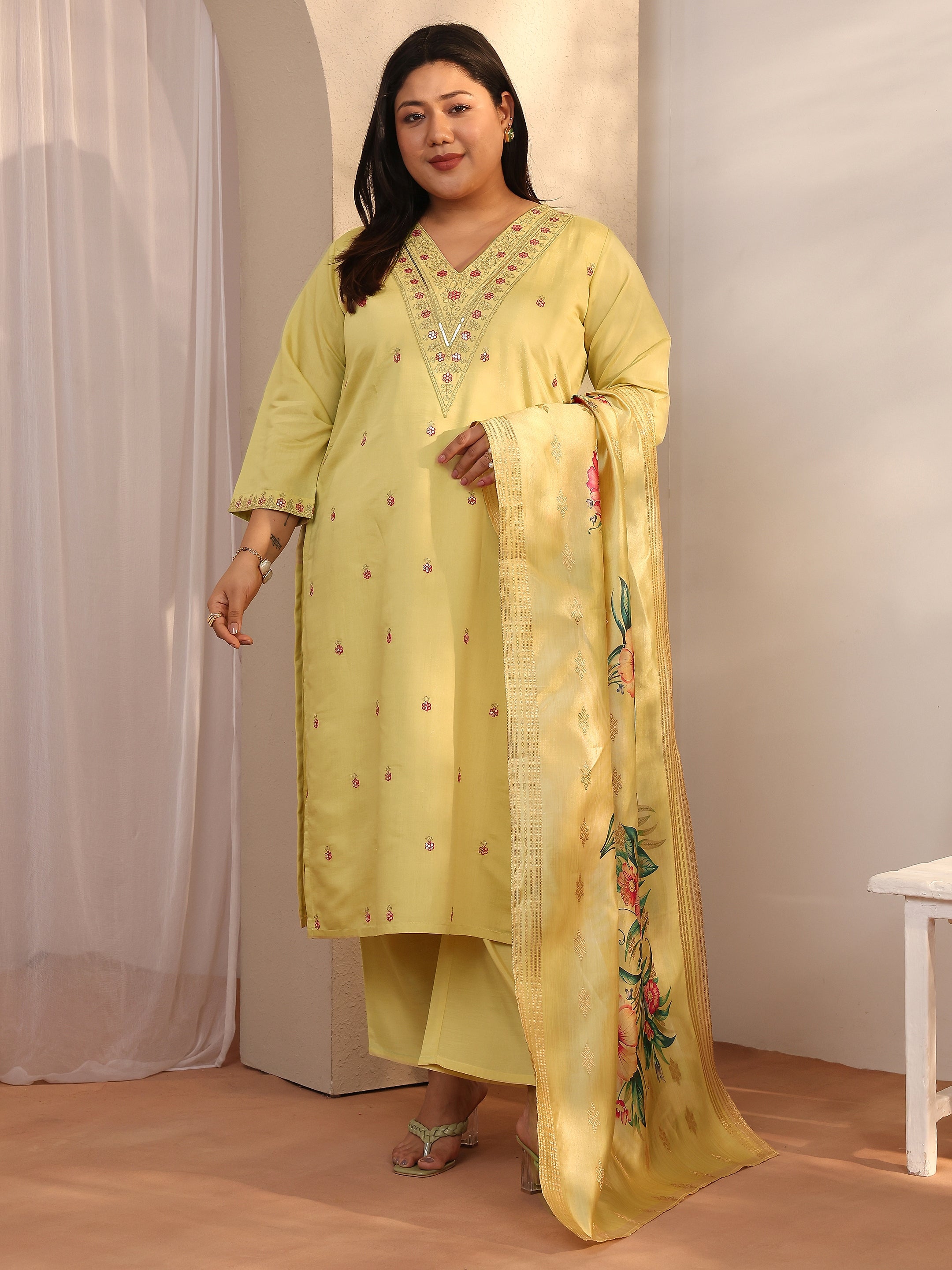 libas Plus Size Yellow Embroidered Silk blend Straight Suit Set With Dupatta-picture-27