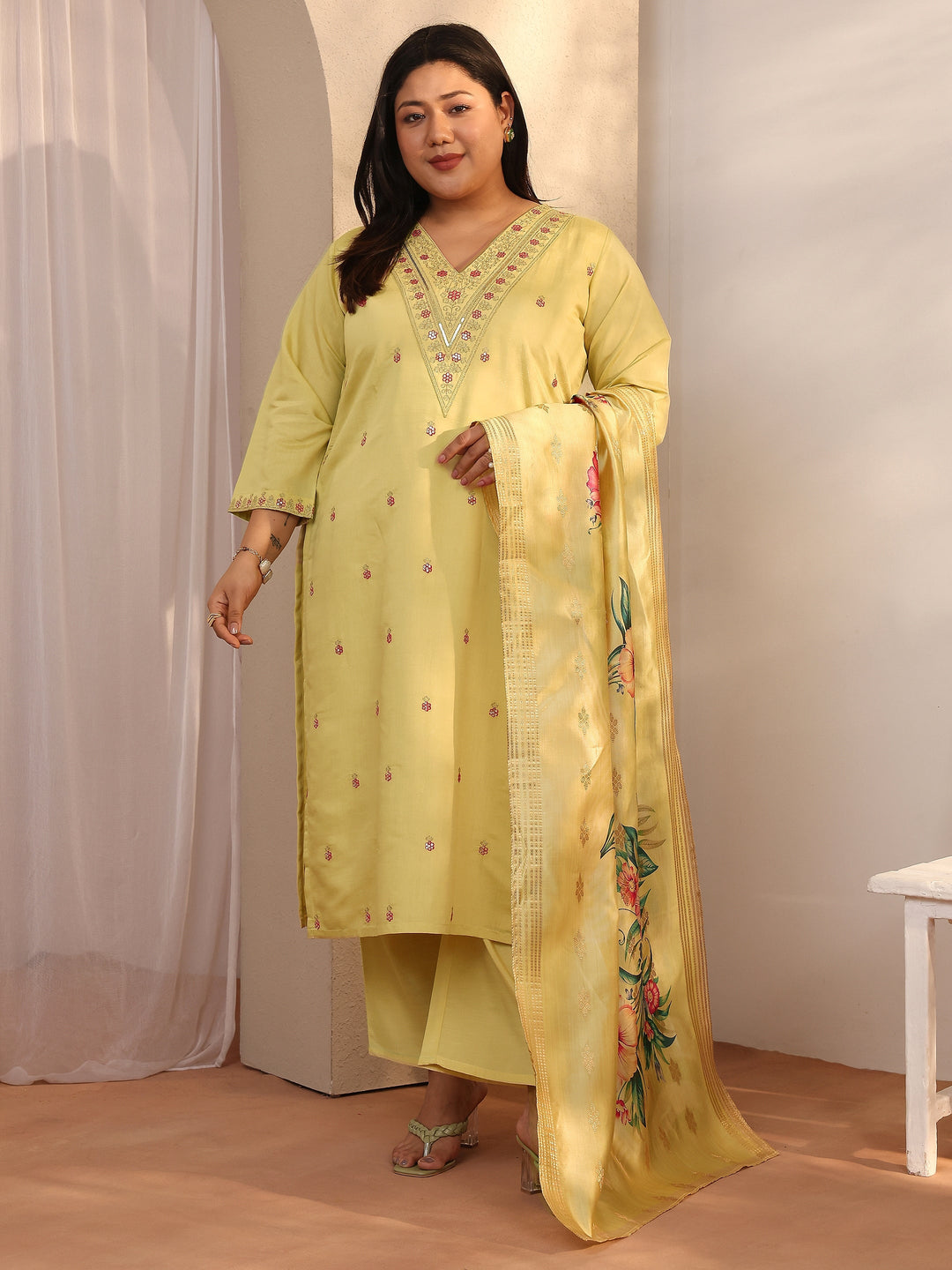 Plus Size Yellow Embroidered Silk blend Straight Suit Set With Dupatta