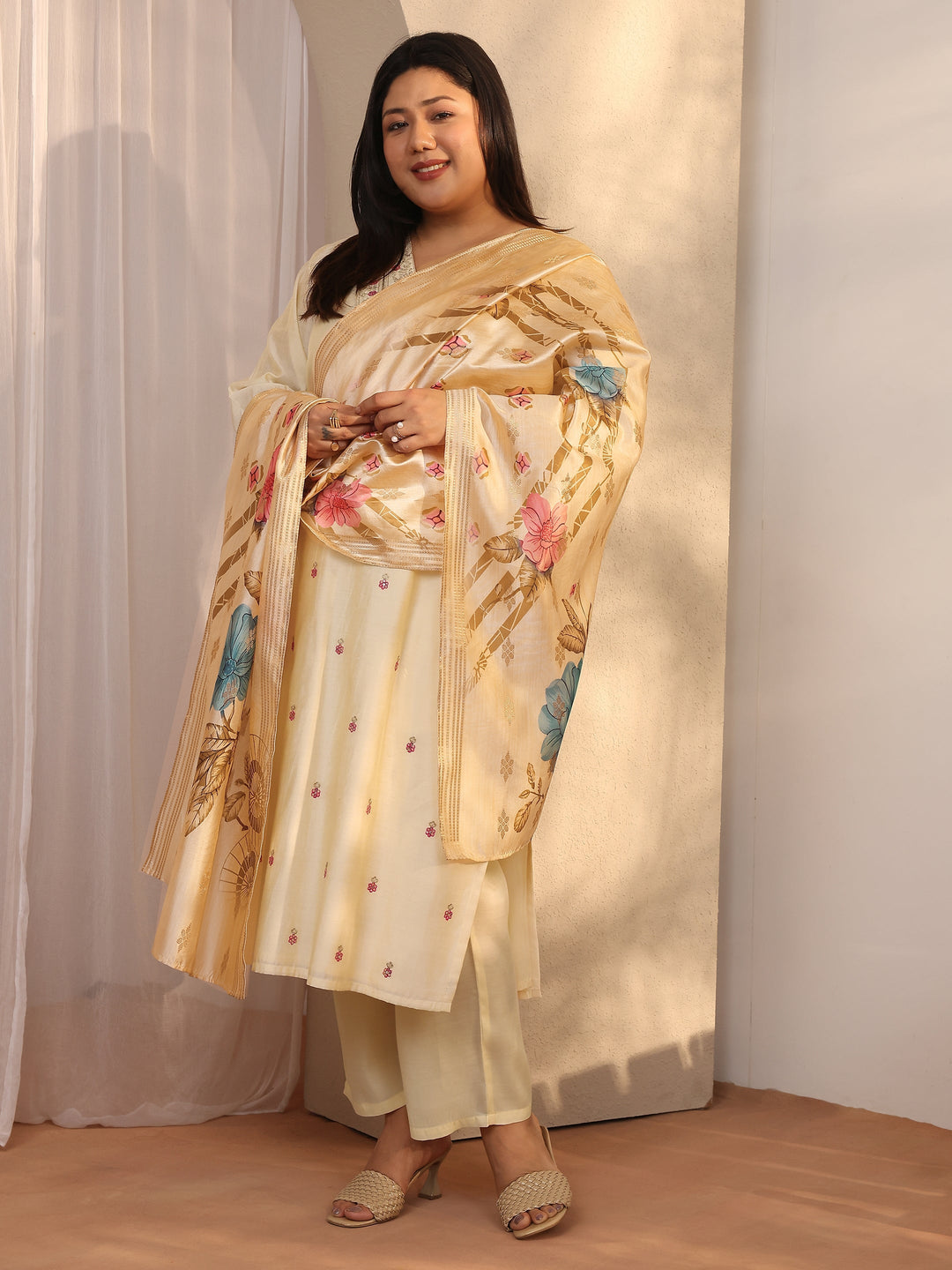  Plus Size Cream Embroidered Silk blend Straight Suit Set With Dupatta 