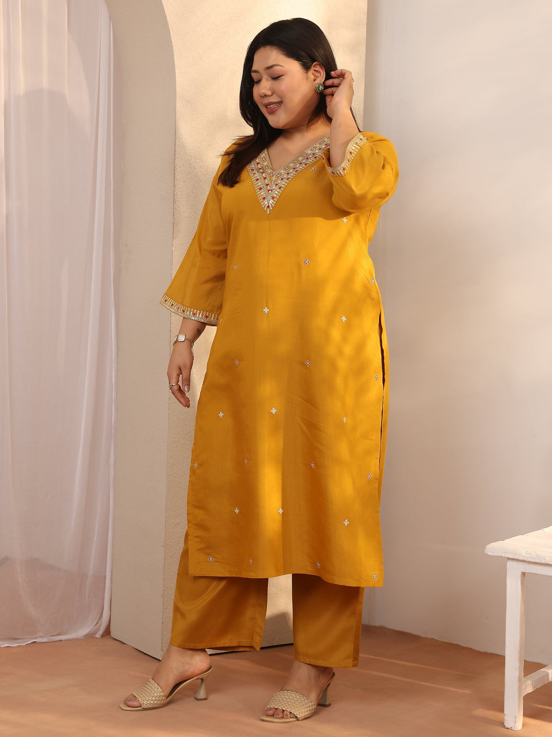  Plus Size Mustard Embroidered Silk blend Straight Suit Set With Dupatta 