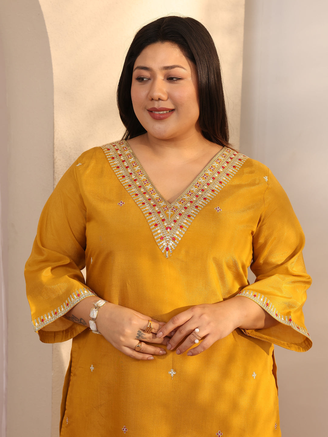  Plus Size Mustard Embroidered Silk blend Straight Suit Set With Dupatta 