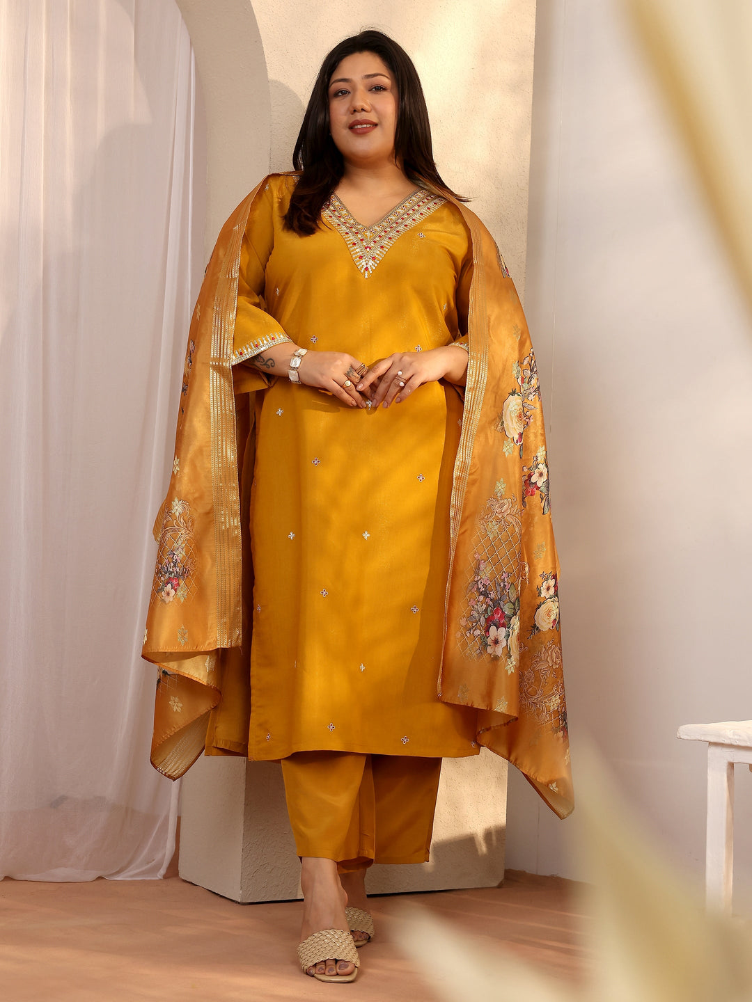  Plus Size Mustard Embroidered Silk blend Straight Suit Set With Dupatta 