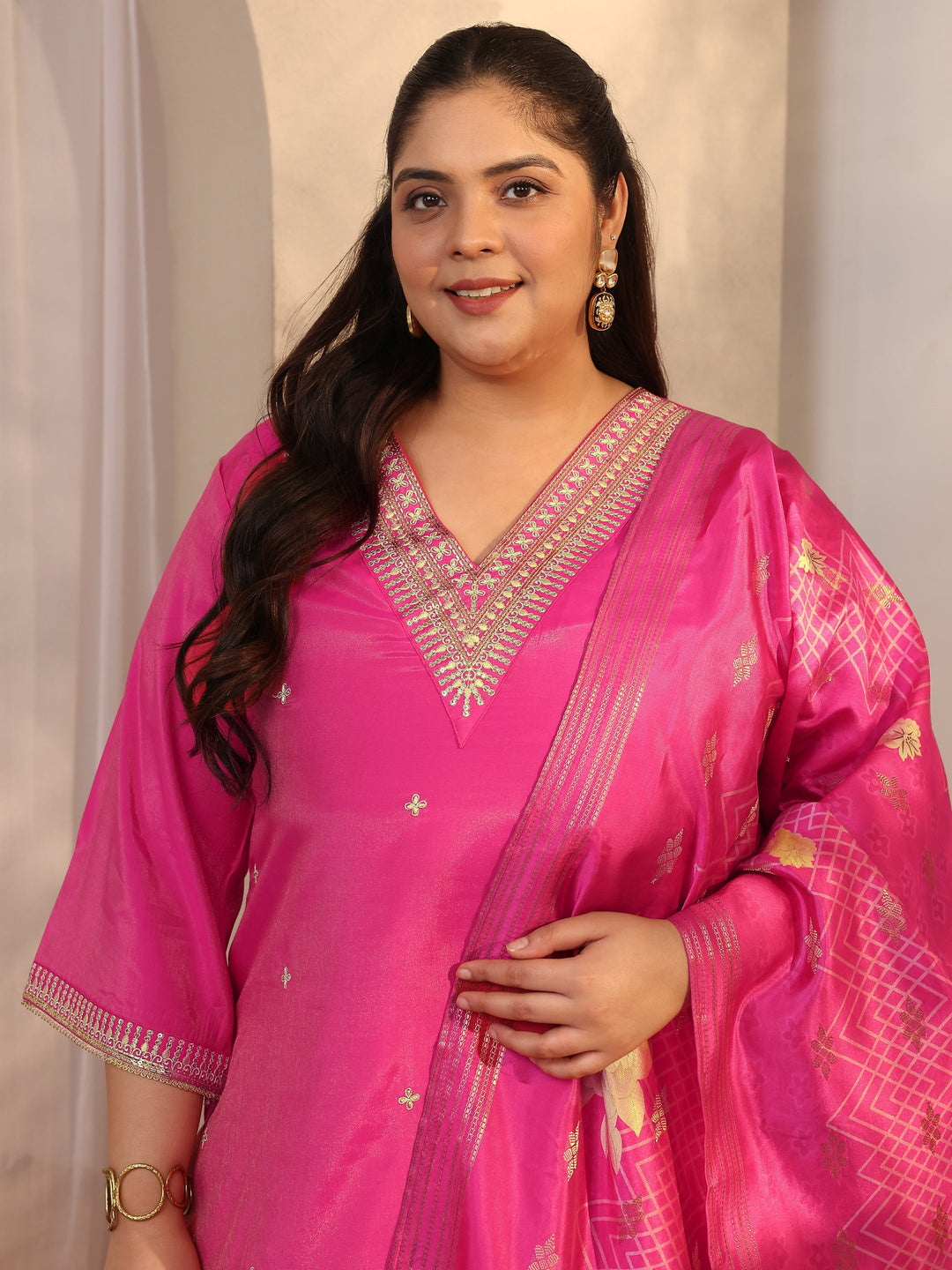  Plus Size Pink Embroidered Silk blend Straight Suit Set With Dupatta 