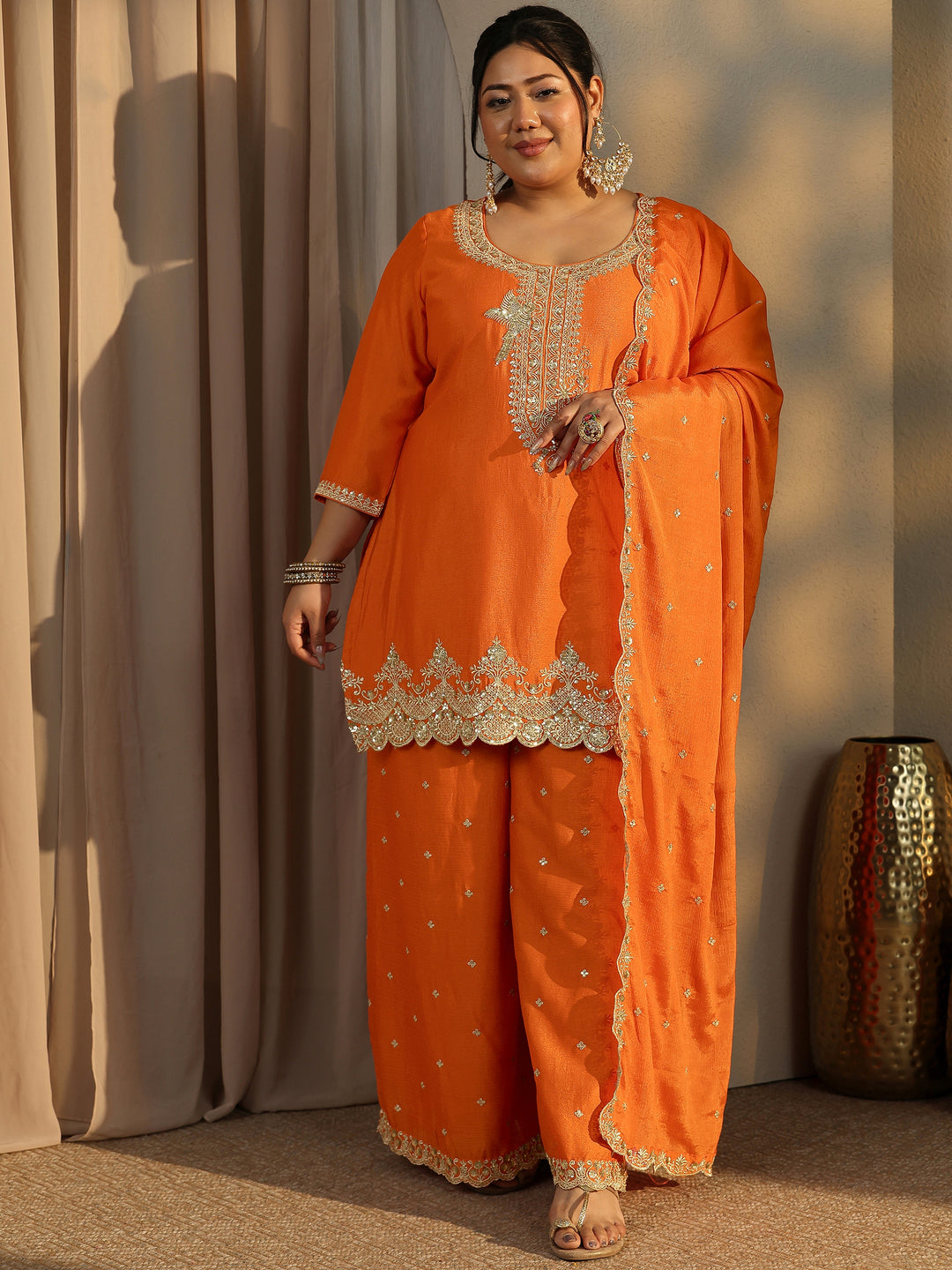  Plus Size Orange Embroidered Chinon Straight Suit Set With Dupatta 