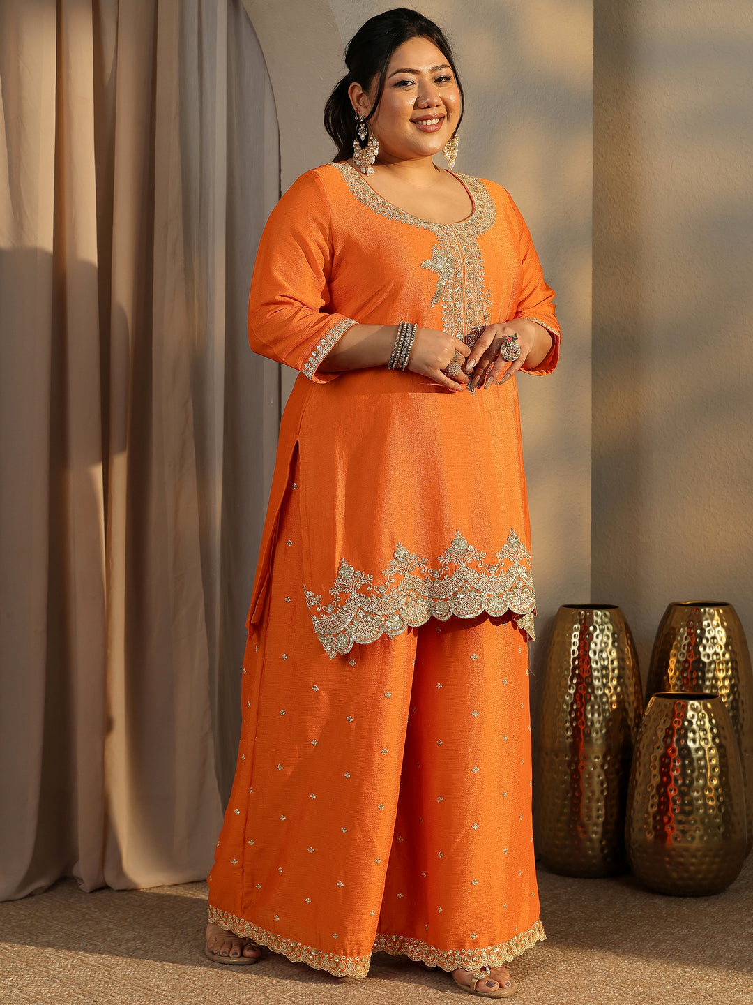  Plus Size Orange Embroidered Chinon Straight Suit Set With Dupatta 