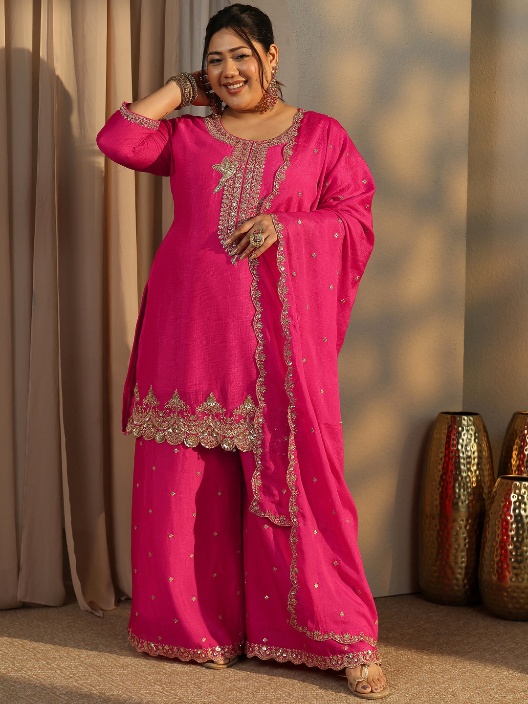  Plus Size Pink Embroidered Chinon Straight Suit Set With Dupatta 