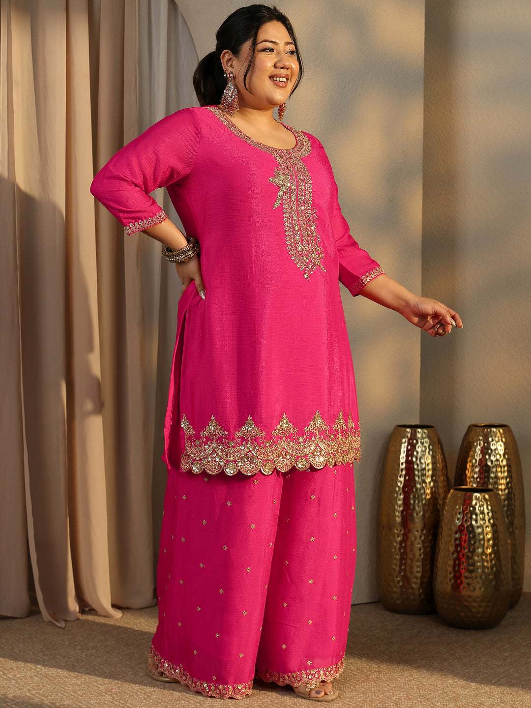  Plus Size Pink Embroidered Chinon Straight Suit Set With Dupatta 