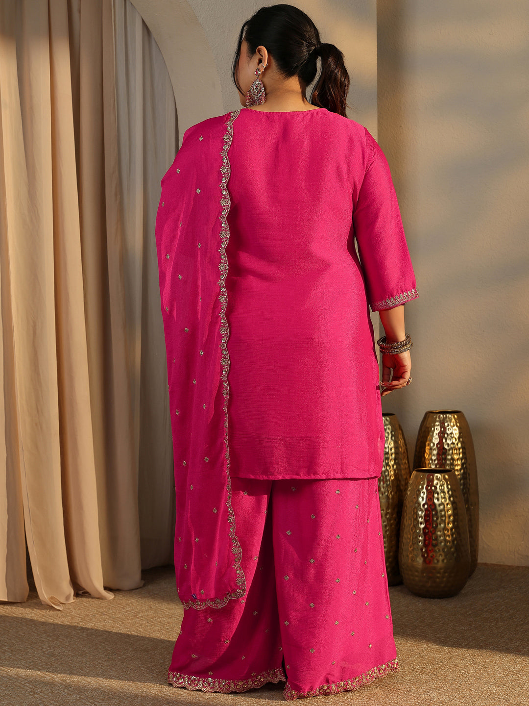  Plus Size Pink Embroidered Chinon Straight Suit Set With Dupatta 