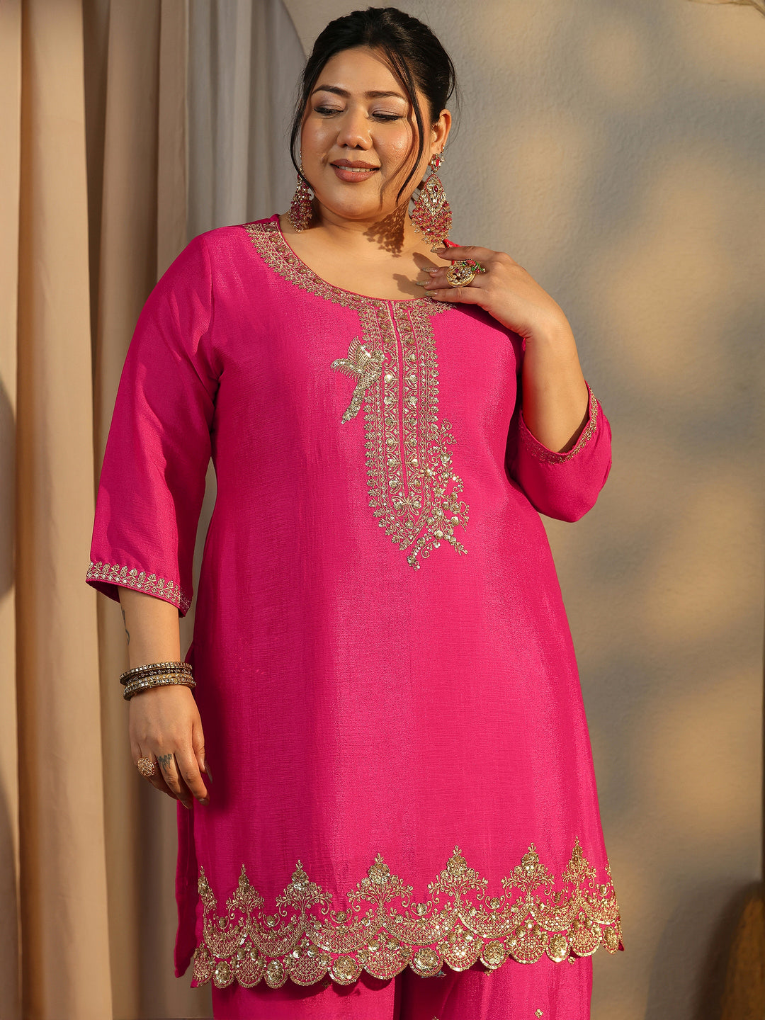 Plus Size Pink Embroidered Chinon Straight Suit Set With Dupatta 