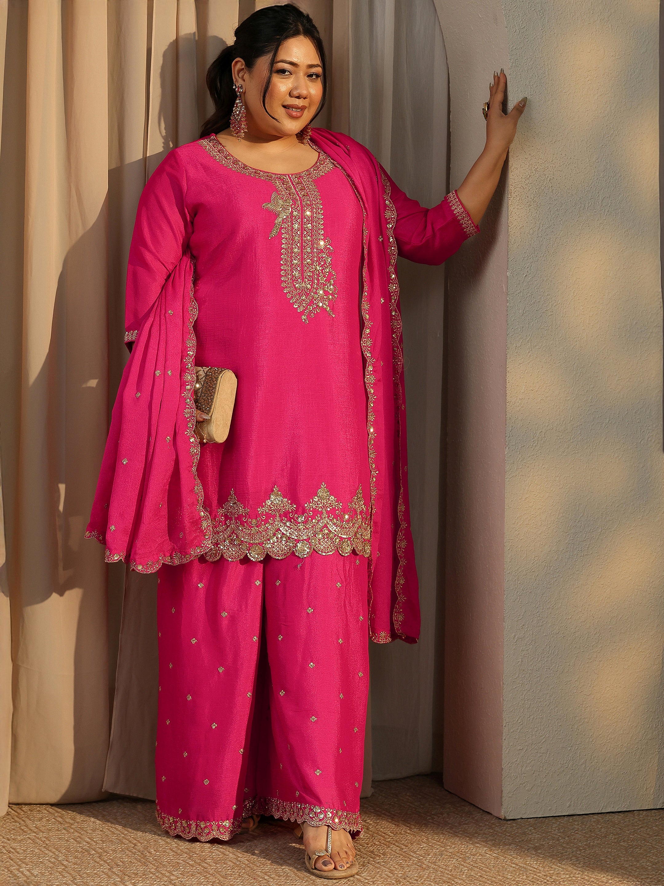 libas Plus Size Pink Embroidered Chinon Straight Suit Set With Dupatta-picture-30