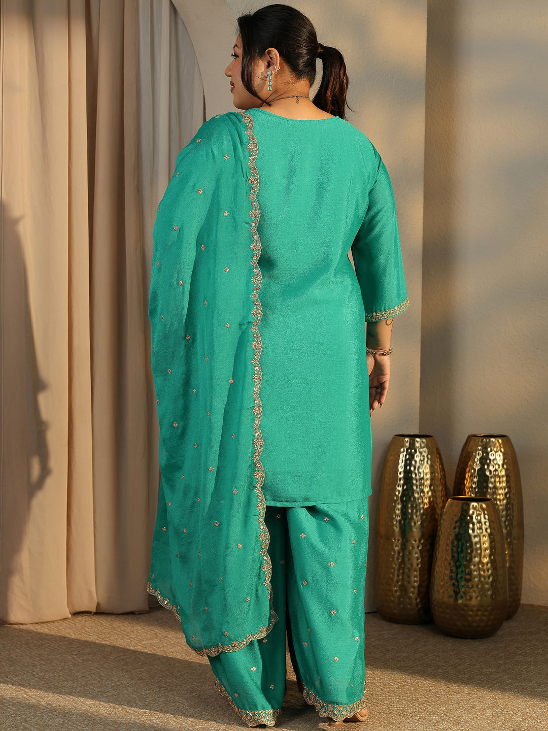  Plus Size Green Embroidered Chinon Straight Suit Set With Dupatta 