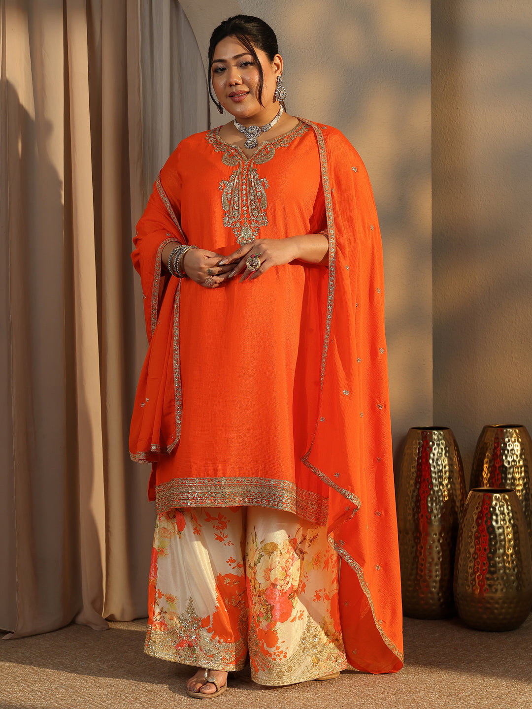  Plus Size Orange Embroidered Chinon Straight Suit Set With Dupatta 