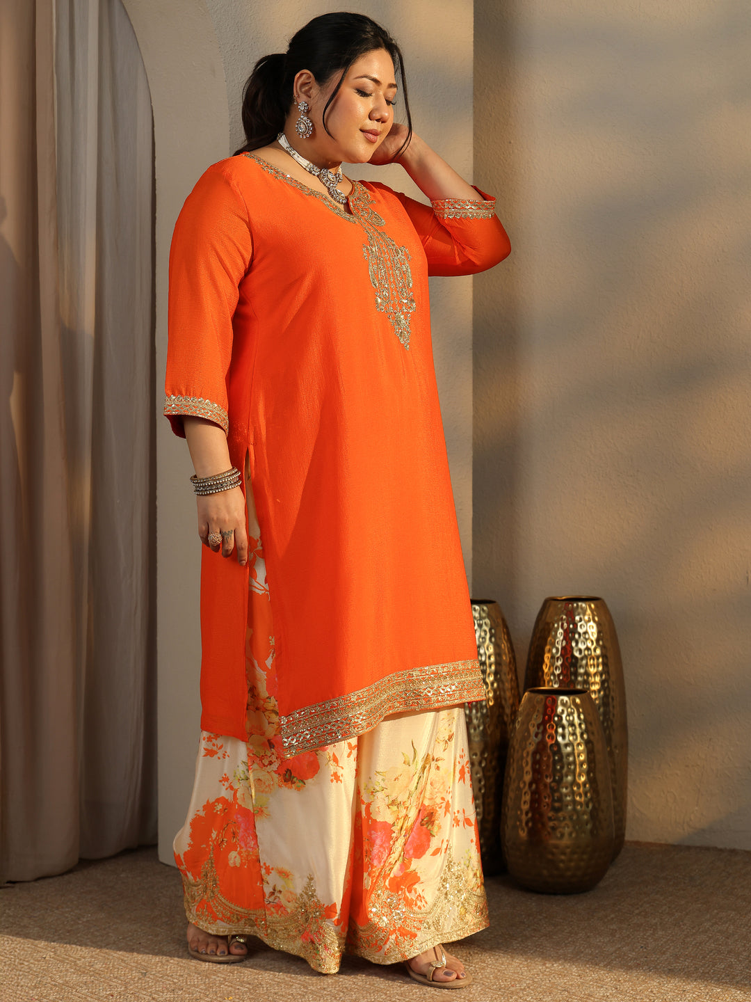  Plus Size Orange Embroidered Chinon Straight Suit Set With Dupatta 