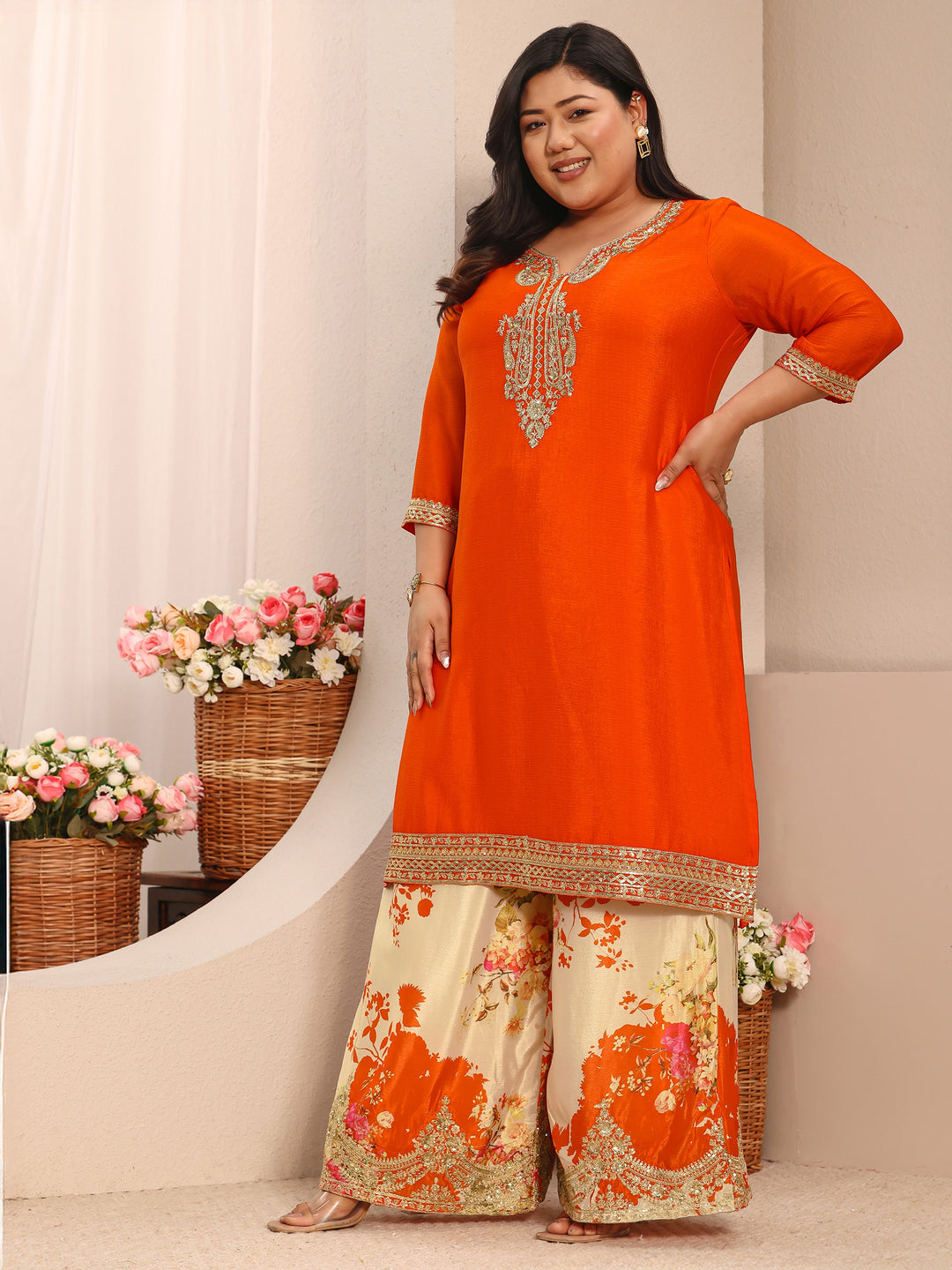  Plus Size Orange Embroidered Chinon Straight Suit Set With Dupatta 