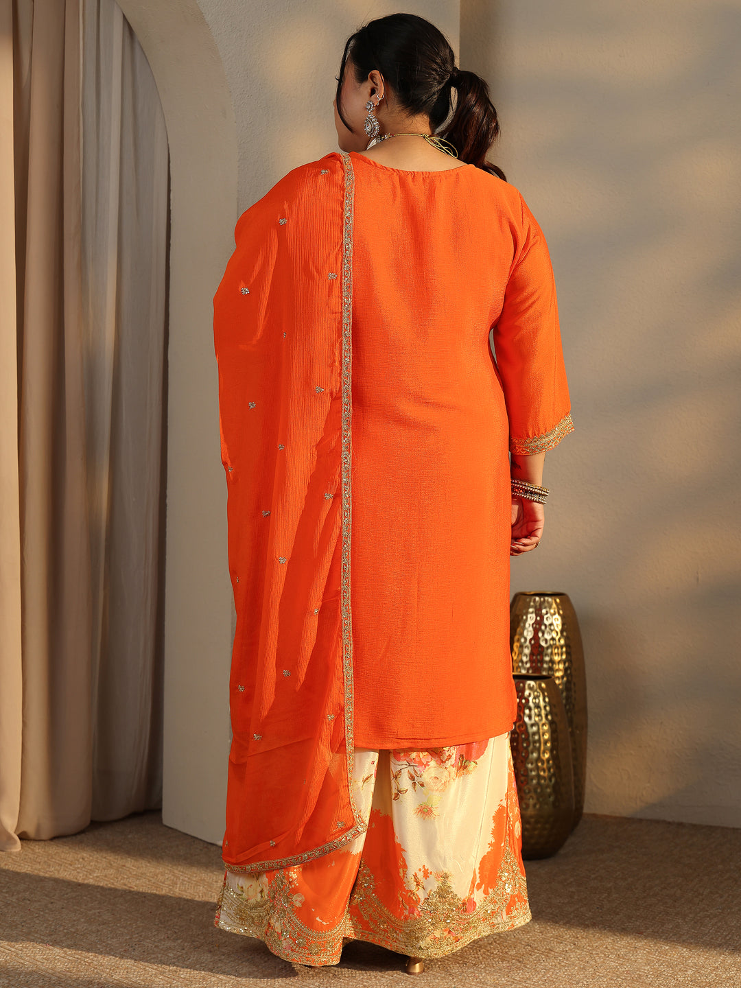  Plus Size Orange Embroidered Chinon Straight Suit Set With Dupatta 