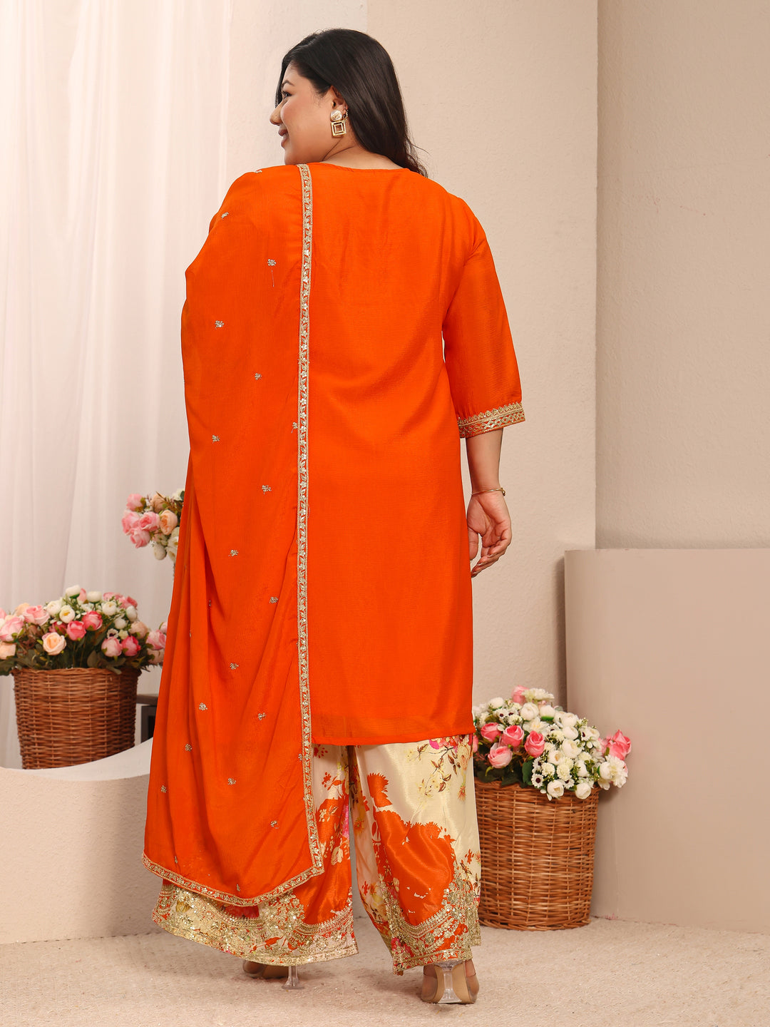  Plus Size Orange Embroidered Chinon Straight Suit Set With Dupatta 