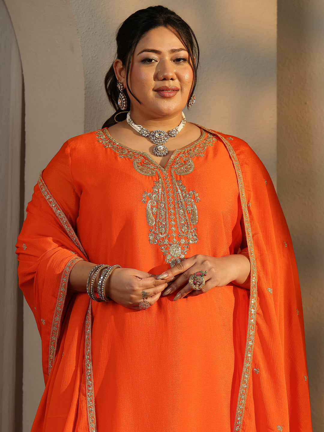  Plus Size Orange Embroidered Chinon Straight Suit Set With Dupatta 