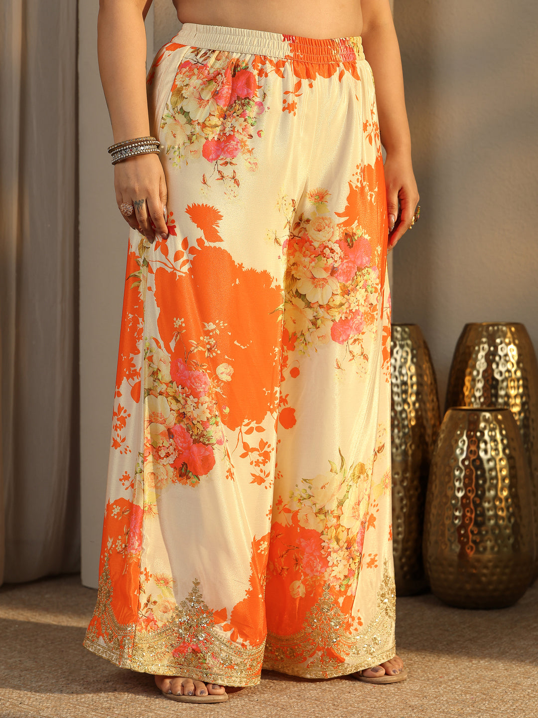  Plus Size Orange Embroidered Chinon Straight Suit Set With Dupatta 