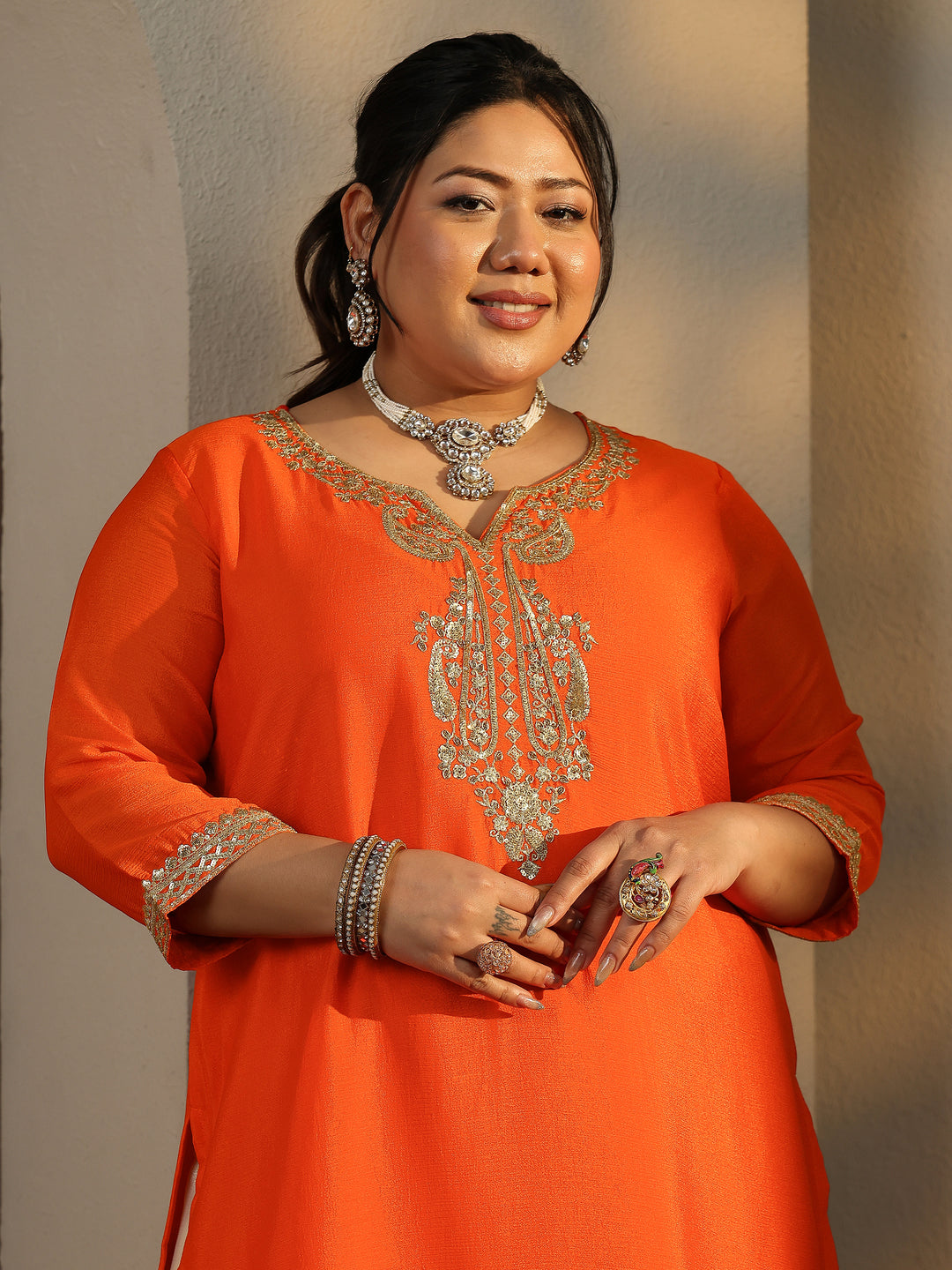  Plus Size Orange Embroidered Chinon Straight Suit Set With Dupatta 