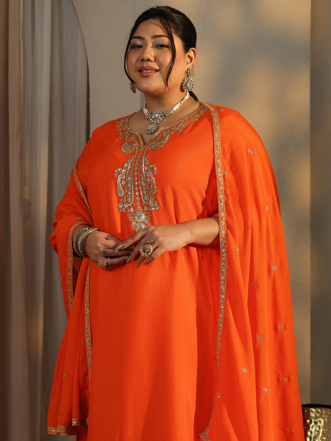  Plus Size Orange Embroidered Chinon Straight Suit Set With Dupatta 