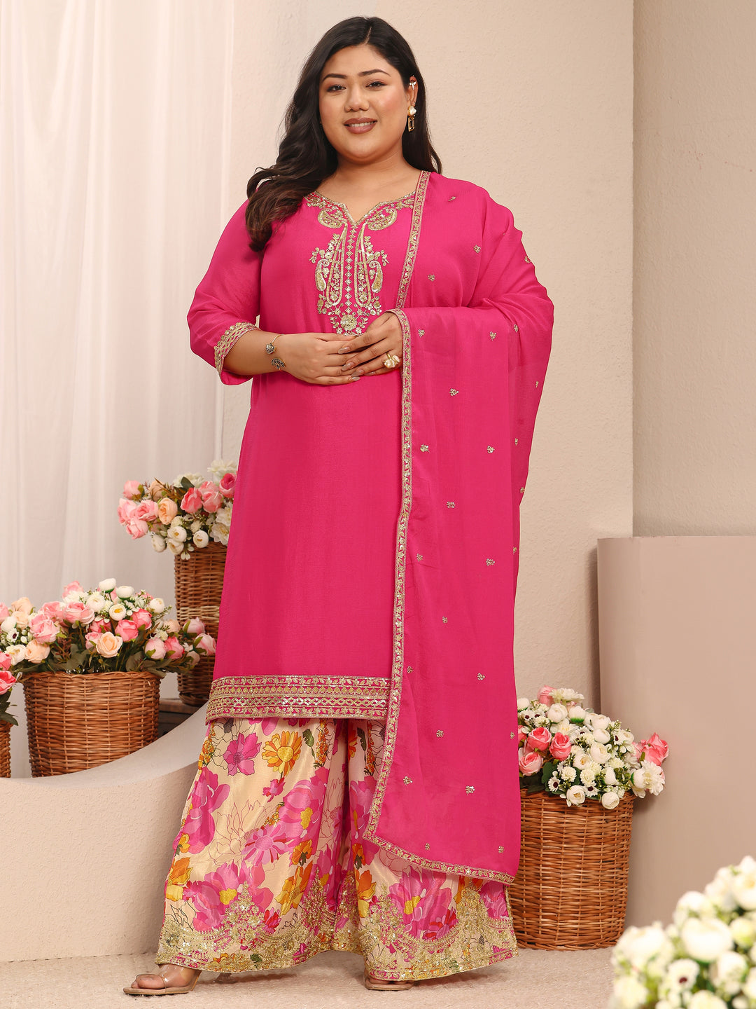  Plus Size Pink Embroidered Chinon Straight Suit Set With Dupatta 