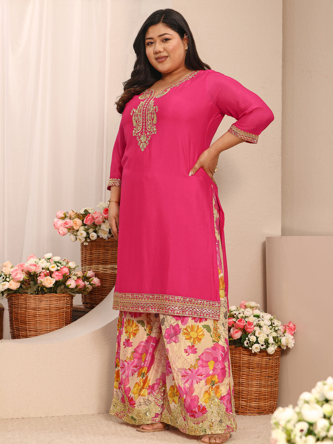  Plus Size Pink Embroidered Chinon Straight Suit Set With Dupatta 