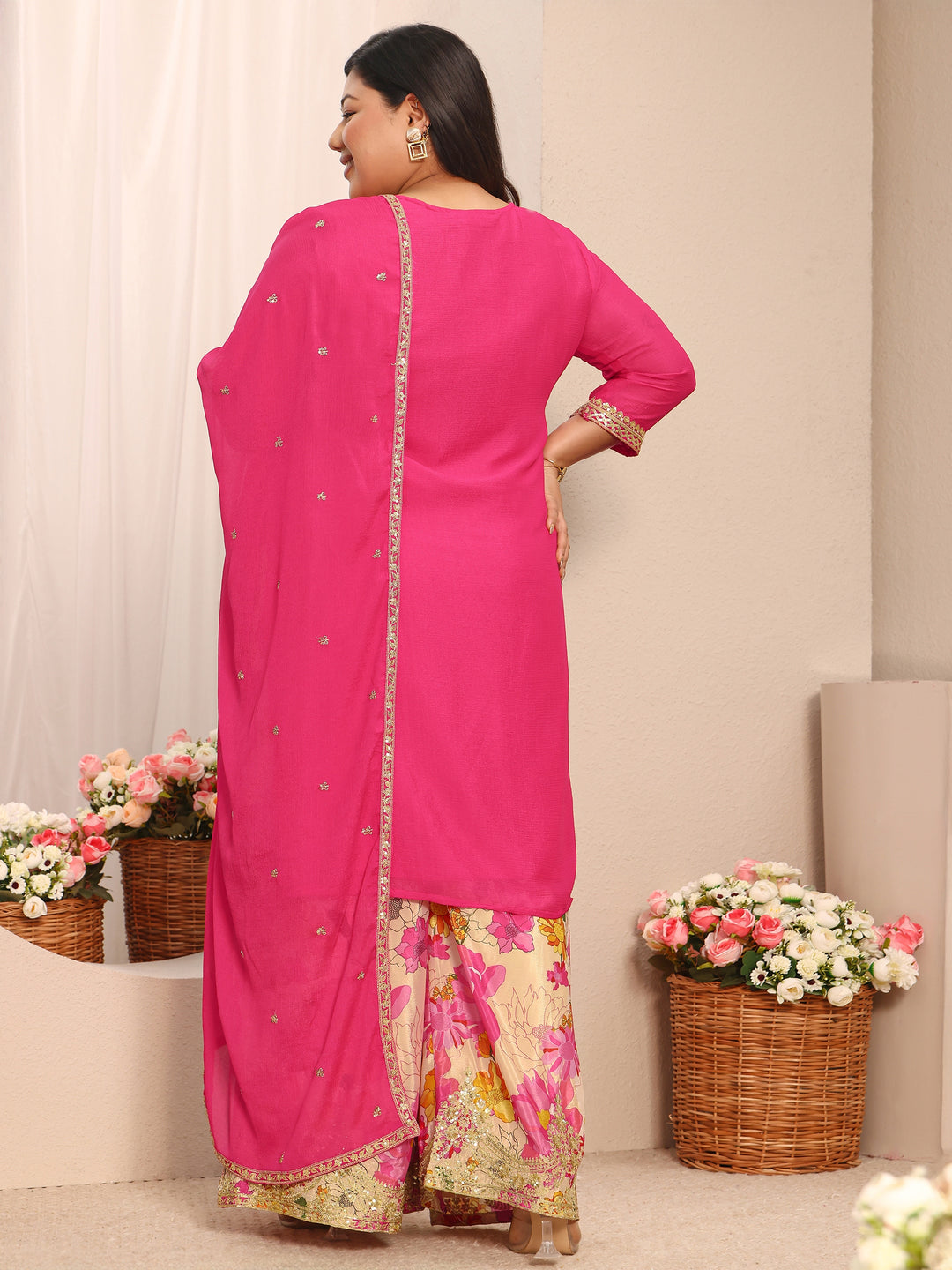 Plus Size Pink Embroidered Chinon Straight Suit Set With Dupatta 