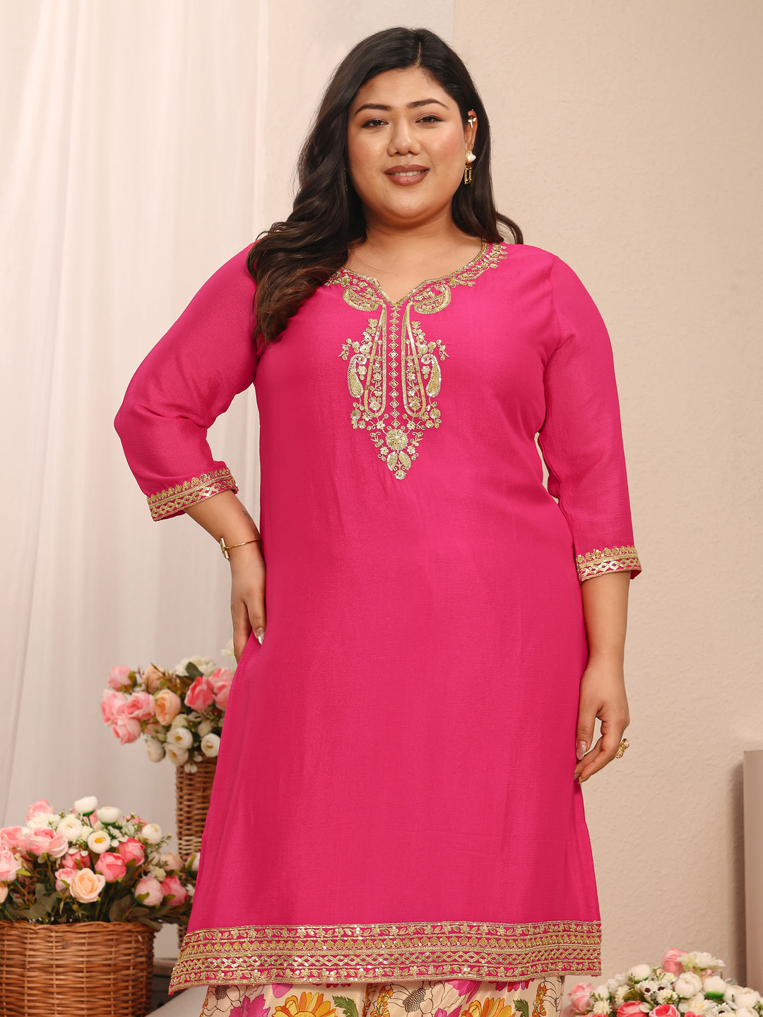  Plus Size Pink Embroidered Chinon Straight Suit Set With Dupatta 