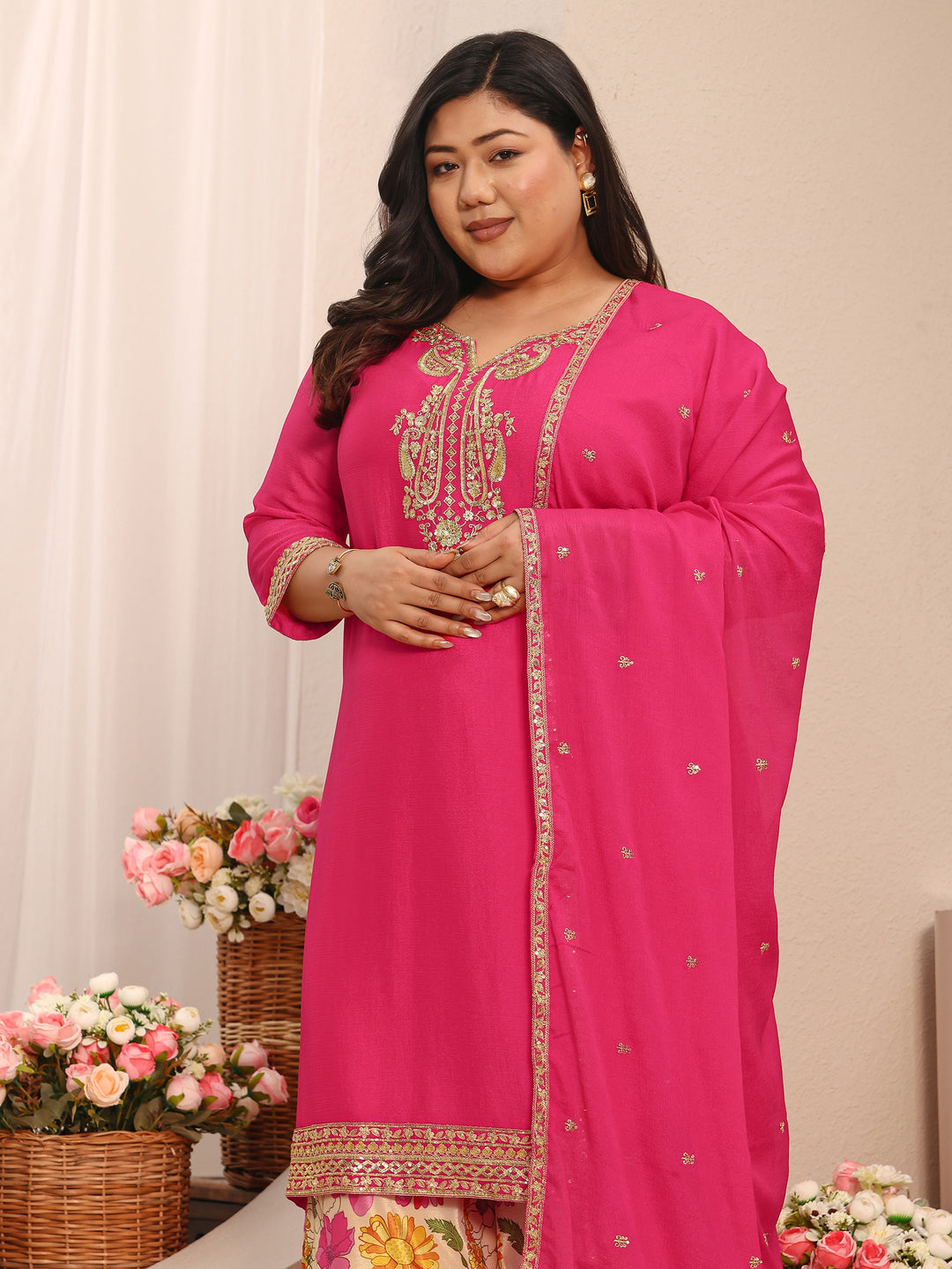  Plus Size Pink Embroidered Chinon Straight Suit Set With Dupatta 