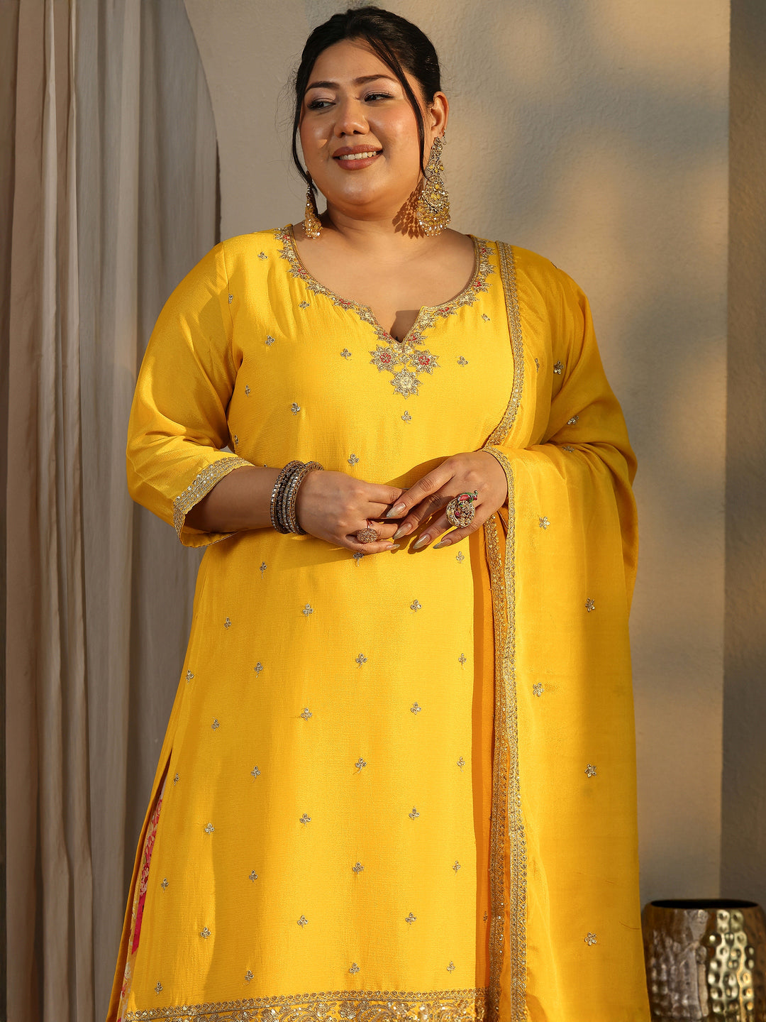 Plus Size Yellow Embroidered Chinon Straight Suit Set With Dupatta 